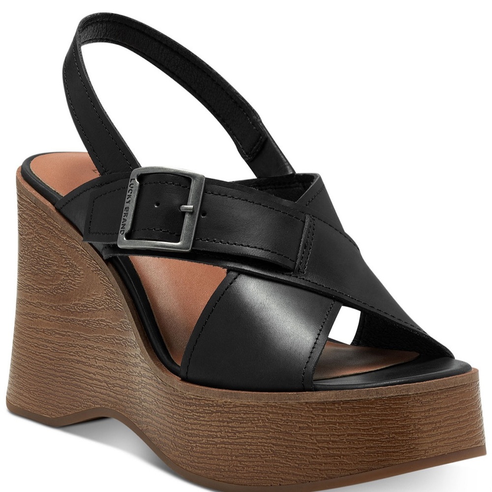 LUCKY BRAND Delaynee Platform Wedge Slingback Sandal Black Leather Sz 8.5 NWOT
